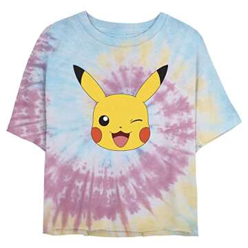 Pokemon Junior's Pikachu Big Face Short Sleeve Crop T-Shirt, Blu/Pnk/Ly, Medium