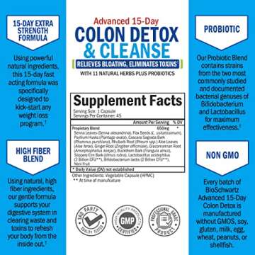 Colon Cleanser and Detox for Digestive Support - 15 Day Fast-Acting Extra Strength Cleanse with Probiotic Fiber, Psyllium Husk and Noni for Constipation Relief and Bloating Support, Non-GMO, 45 Count