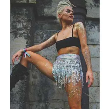 Yollmart Women's Sequins Tassel Skirts Shorts Booty Dance Festival Bottoms (US, Alpha, Small, Regular, Regular, Silver)