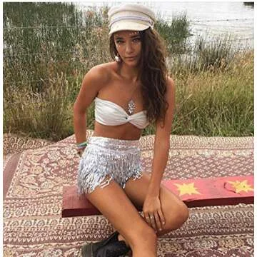 Yollmart Women's Sequins Tassel Skirts Shorts Booty Dance Festival Bottoms (US, Alpha, Small, Regular, Regular, Silver)