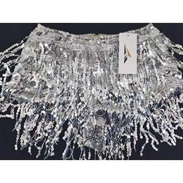 Yollmart Women's Sequins Tassel Skirts Shorts Booty Dance Festival Bottoms (US, Alpha, Small, Regular, Regular, Silver)
