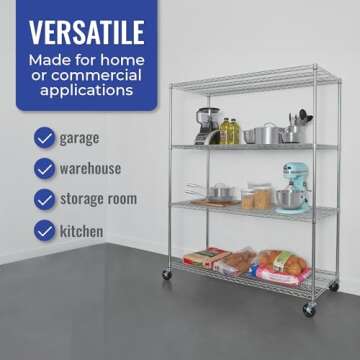 SafeRacks - NSF Certified Storage Shelves, Zinc, Heavy Duty Steel Wire Unit with Wheels and Adjustable Feet, Garage or Bakers Rack, Kitchen, Pantry Shelf - (24"x60"x72" 4-Tier) (Silver)