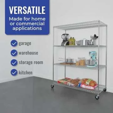 SafeRacks - NSF Certified Storage Shelves, Zinc, Heavy Duty Steel Wire Unit with Wheels and Adjustable Feet, Garage or Bakers Rack, Kitchen, Pantry Shelf - (24"x60"x72" 4-Tier) (Silver)
