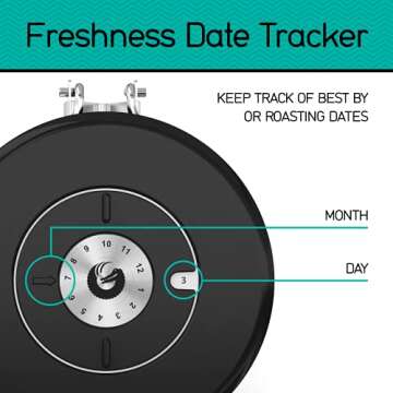 Coffee Gator Stainless Steel Coffee Grounds and Beans Container Canister with Date-Tracker, CO2-Release Valve and Measuring Scoop, Small, Gray