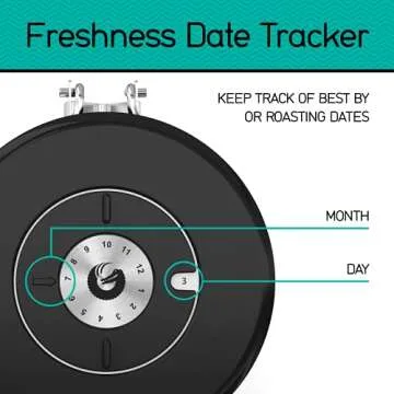 Coffee Gator Stainless Steel Coffee Grounds and Beans Container Canister with Date-Tracker, CO2-Release Valve and Measuring Scoop, Small, Gray