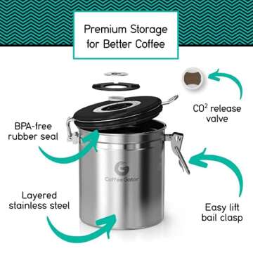 Coffee Gator Stainless Steel Coffee Grounds and Beans Container Canister with Date-Tracker, CO2-Release Valve and Measuring Scoop, Small, Gray