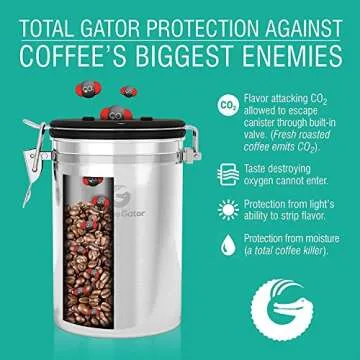 Coffee Gator Stainless Steel Coffee Grounds and Beans Container Canister with Date-Tracker, CO2-Release Valve and Measuring Scoop, Small, Gray
