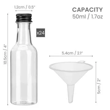 BELLE VOUS Mini Plastic Bottles with Lids (24 Pack) - Empty 1.7oz Shot Bottles - Small Miniature Bottles for Alcohol, Spirits, Liquor - Funnel Included