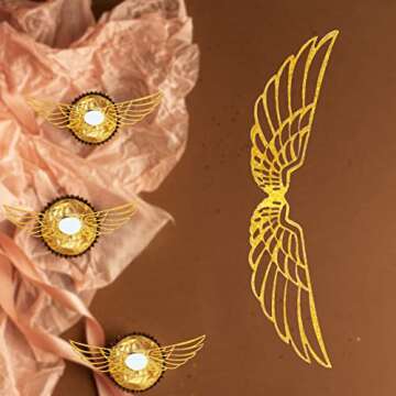 50 PCS Golden Wings Chocolate Decor Wizard Party Chocolate Decoration Hollowed Wings Wafer Cupcake Toppers with Glue Point for Them Party Decor Supplies