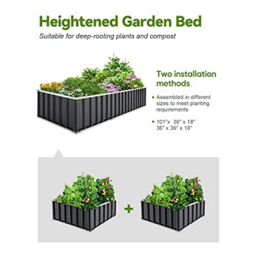 KING BIRD Galvanized Raised Garden Bed with 2 Installation Methods for DIY, 101" x 36" x 18" Heightened Planter Kit Box Outdoor for Deep-Rooted Vegetables, Flowers, Dark Grey