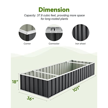 KING BIRD Galvanized Raised Garden Bed with 2 Installation Methods for DIY, 101" x 36" x 18" Heightened Planter Kit Box Outdoor for Deep-Rooted Vegetables, Flowers, Dark Grey