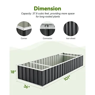 KING BIRD Galvanized Raised Garden Bed with 2 Installation Methods for DIY, 101" x 36" x 18" Heightened Planter Kit Box Outdoor for Deep-Rooted Vegetables, Flowers, Dark Grey
