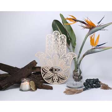 Fourth Level MFG 14" Hamsa, Sacred Geometry Wood Wall Art, Zen Home Decor for Yoga and Meditation, Chakra Crystal Grid Board, Good Energy Spiritual Altar Decoration, Evil Eye Protection