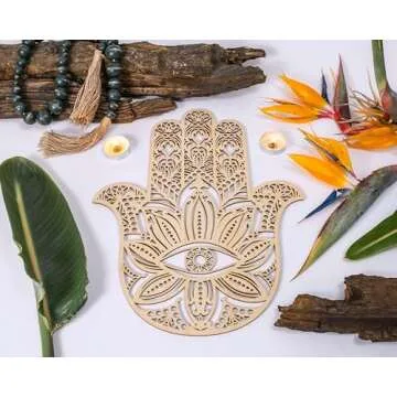 Fourth Level MFG 14" Hamsa, Sacred Geometry Wood Wall Art, Zen Home Decor for Yoga and Meditation, Chakra Crystal Grid Board, Good Energy Spiritual Altar Decoration, Evil Eye Protection