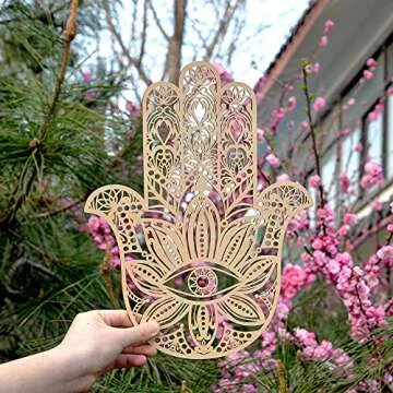 Fourth Level MFG 14" Hamsa, Sacred Geometry Wood Wall Art, Zen Home Decor for Yoga and Meditation, Chakra Crystal Grid Board, Good Energy Spiritual Altar Decoration, Evil Eye Protection