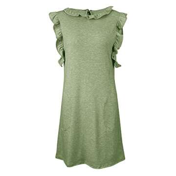 Uincloset Women's Summer Sleeveless Ruffle Sleeve Mini Dress Casual Crew Neck Pocketed Tunic Dresses (F-Green, Small)