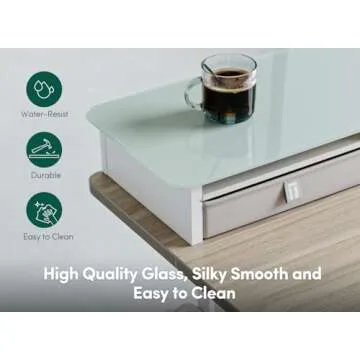 FEZIBO 48 x 24 Inch Height Adjustable Glass Electric Standing Desk with Double Drawer, Stand Up Desk with Storage Shelf, Sit Stand Desk, Light Walnut