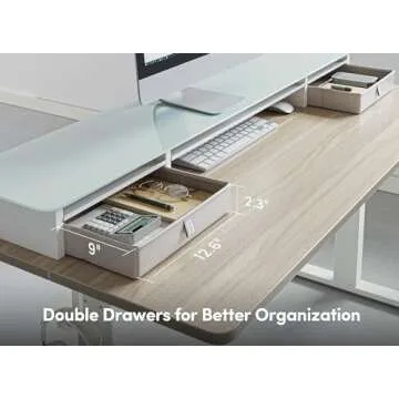 FEZIBO 48 x 24 Inch Height Adjustable Glass Electric Standing Desk with Double Drawer, Stand Up Desk with Storage Shelf, Sit Stand Desk, Light Walnut