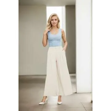 Tronjori Women High Waist Casual Wide Leg Long Palazzo Pants Trousers Regular Size(L,Summer Beige)