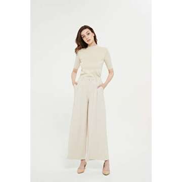 Tronjori Women High Waist Casual Wide Leg Long Palazzo Pants Trousers Regular Size(L,Summer Beige)