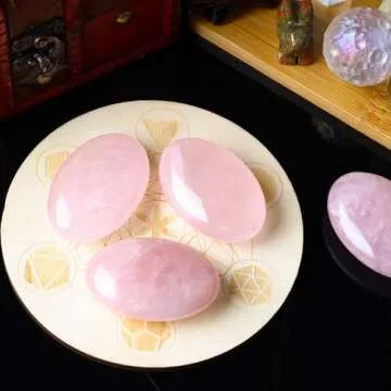 Rose Quartz Palm Stone Crystal Natural Chakra Reiki Polished Healing Love Oval Pocket Worry Stone Crystals for Anxiety Stress Relief Therapy