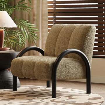 QIUPAI Mid Century Modern Accent Chair with Carbon Steel Tripod, Upholstered Living Room Chairs, Reading Armchair for Bedroom Sunroom Brown