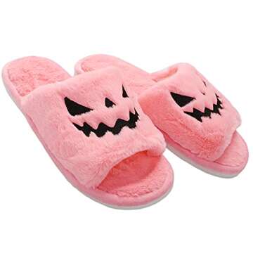 TITTOK Spooky Slides Halloween Slippers Jack O Lantern Pumpkin Soft Plush Cozy Open Toe Indoor Outdo...