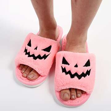 TITTOK Spooky Slides Halloween Slippers Jack O Lantern Pumpkin Soft Plush Cozy Open Toe Indoor Outdoor Fuzzy Slippers Gifts For Girls Women Girlfriend Men