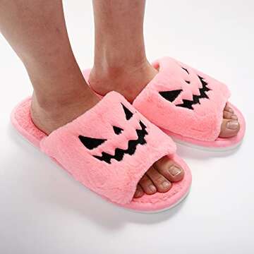 TITTOK Spooky Slides Halloween Slippers Jack O Lantern Pumpkin Soft Plush Cozy Open Toe Indoor Outdoor Fuzzy Slippers Gifts For Girls Women Girlfriend Men