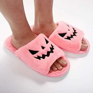 TITTOK Spooky Slides Halloween Slippers Jack O Lantern Pumpkin Soft Plush Cozy Open Toe Indoor Outdoor Fuzzy Slippers Gifts For Girls Women Girlfriend Men