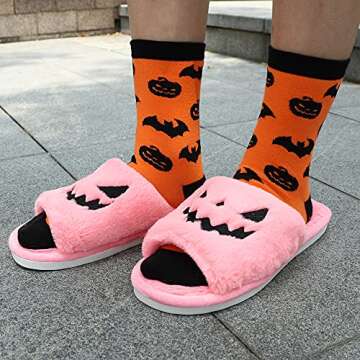 TITTOK Spooky Slides Halloween Slippers Jack O Lantern Pumpkin Soft Plush Cozy Open Toe Indoor Outdoor Fuzzy Slippers Gifts For Girls Women Girlfriend Men