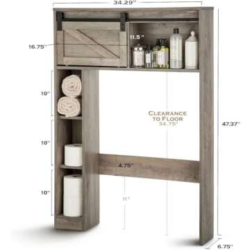 Landia Home Over the Toilet Storage Organizer, Shelving for Bathroom Organization with a Smooth Gliding Rounded Rail Barn Door for Quick and Easy Cabinet Access, Modern Farmhouse Design Themed Storage