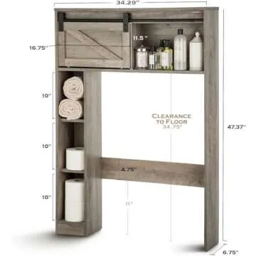 Landia Home Over the Toilet Storage Organizer, Shelving for Bathroom Organization with a Smooth Gliding Rounded Rail Barn Door for Quick and Easy Cabinet Access, Modern Farmhouse Design Themed Storage