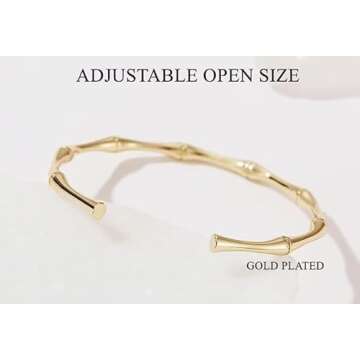 LS Artisan - Gold Bamboo Bangle Bracelet - Gold Plated Non-Fading Adjustable Gold Bamboo Bangle Bracelet for Women and Teens - Jewelry Gift