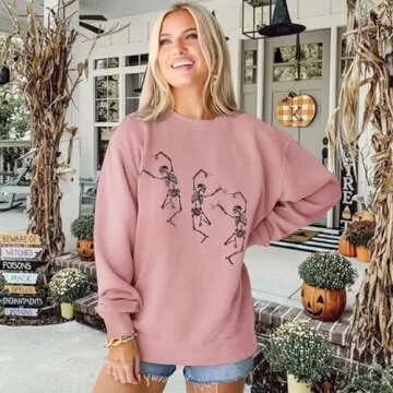 BOUTIKOME Women's Halloween Sweatshirts Dancing Skeleton Shirts Horror Skull Long Sleeve Crewneck Pu...