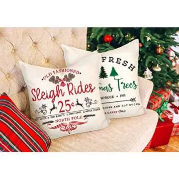 4TH Emotion Farmhouse Christmas Pillow Covers 18x18 Set of 4 Winter Holiday Decorations Xmas Rustic Throw Cushion Case for Sofa Couch Home Decor (Sleigh Rides, Farm Fresh Tree, Cocoa, Candy Canes)