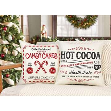 4TH Emotion Farmhouse Christmas Pillow Covers 18x18 Set of 4 Winter Holiday Decorations Xmas Rustic Throw Cushion Case for Sofa Couch Home Decor (Sleigh Rides, Farm Fresh Tree, Cocoa, Candy Canes)
