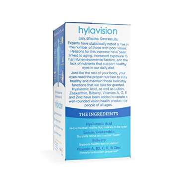 HylaVision Eye Health Supplements: Hyaluronic Acid, Lutein and Zeaxanthin Dietary Supplements for Vision Support (120 Capsules)— Vegan Formula by Hyalogic