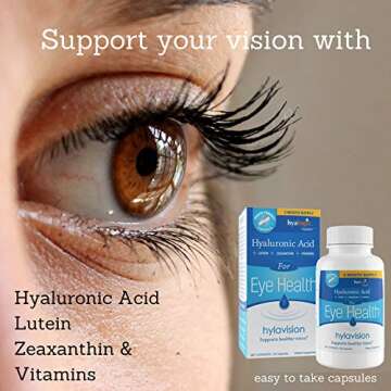 HylaVision Eye Health Supplements: Hyaluronic Acid, Lutein and Zeaxanthin Dietary Supplements for Vision Support (120 Capsules)— Vegan Formula by Hyalogic