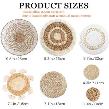 7 Pack Boho Wall Basket Decor - Seagrass Rattan Wicker Wall Decor Round Handmade Hanging Rustic Flat Elegant Wall Art for Farmhouse Living Rooms Bedrooms Display Table Settings Kitchen Home