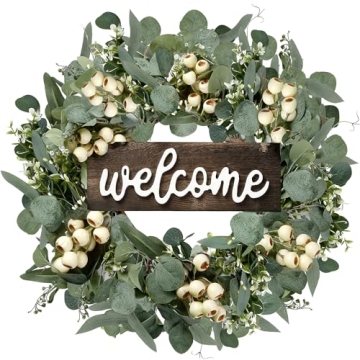 Sggvecsy Green Artificial Eucalyptus Wreath with Welcome Sign 20in Spring Summer Wreath with White B...
