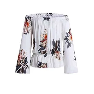 Hibluco Women's Fashion Off Shoulder Tops Sexy Floral Striped Printed Crop Tops Summer Tie Knot T-Shirt White