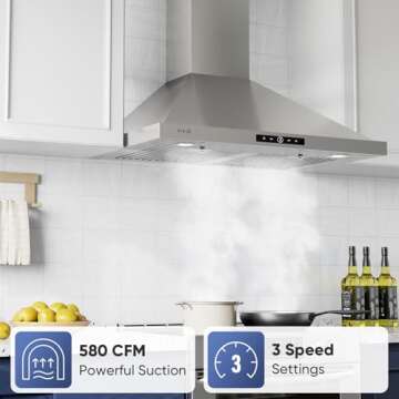 VIKIO HOME Wall Mount Range Hood 30 inch, 580 CFM, Ducted/Ductless Convertible, Stainless Steel Kitc...