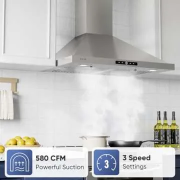 VIKIO HOME Wall Mount Range Hood 30 inch, 580 CFM, Ducted/Ductless Convertible, Stainless Steel Kitc...