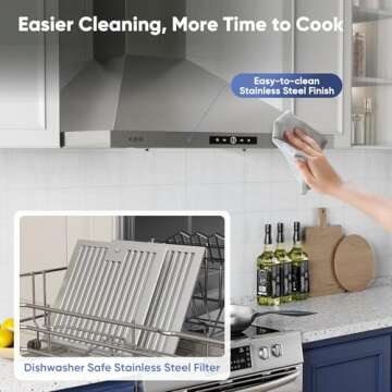 VIKIO HOME Wall Mount Range Hood 30 inch, 580 CFM, Ducted/Ductless Convertible, Stainless Steel Kitchen Vent Hood with 3-Speed Fan and LED Lights