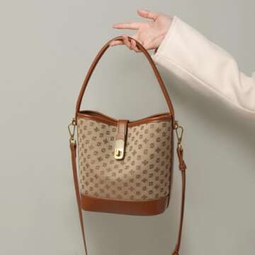 FOXLOVER Fabric Small Bucket Bag for Women Fashion Ladies Simplicity Crossbody Handbag Shoulder Purse (Brown B)