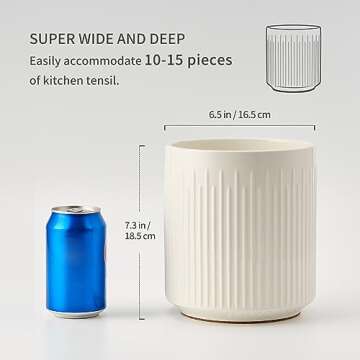 JIEMEI HOME Kitchen Utensil Holder, 7.2" Large Ceramic Stable Utensil Crock for Kitchen Counter, Utensil Holder with Cork Mat, Removable Bamboo Divider for Easy, Kitchen Decor, White