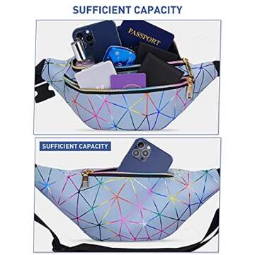 LIVACASA Holographic Fanny Packs for Women Waterproof Waist Packs Shiny with Adjustable Belt Diamond Lattice Pattern for Party Festival Trip