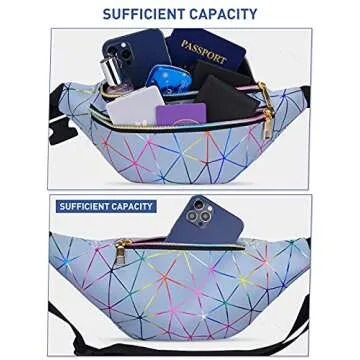 LIVACASA Holographic Fanny Packs for Women Waterproof Waist Packs Shiny with Adjustable Belt Diamond Lattice Pattern for Party Festival Trip