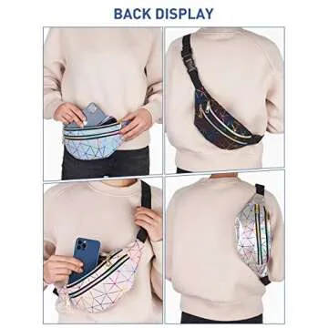 LIVACASA Holographic Fanny Packs for Women Waterproof Waist Packs Shiny with Adjustable Belt Diamond Lattice Pattern for Party Festival Trip